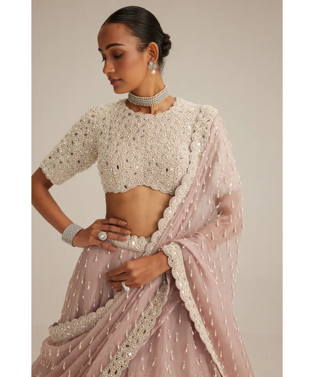 VVANI VATS- Ash Pink Pearl Drop Lehenga with high neck blouse